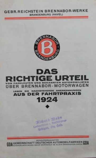 Brennabor Motorwagen Modellprogramm 1924 "Das richtige Urteil" Automobilprospekt (8059)